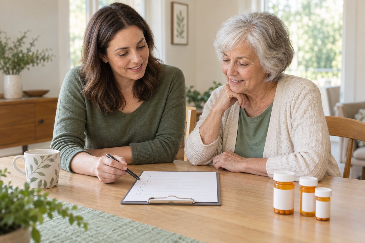 Illustration of an older adult and family caregiver reviewing a medication checklist at home