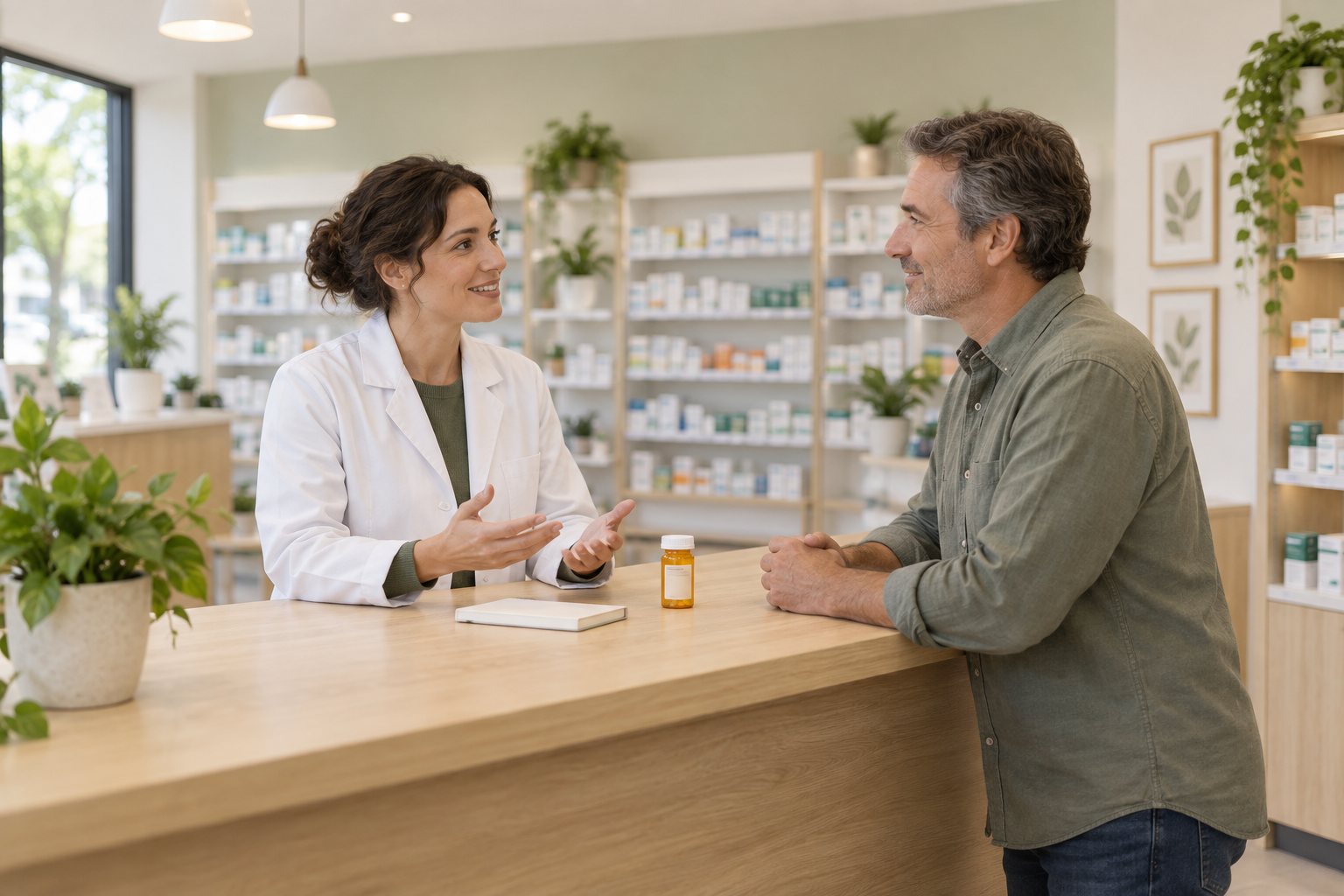 Illustration of a pharmacist and customer discussing medicines at a community pharmacy counter