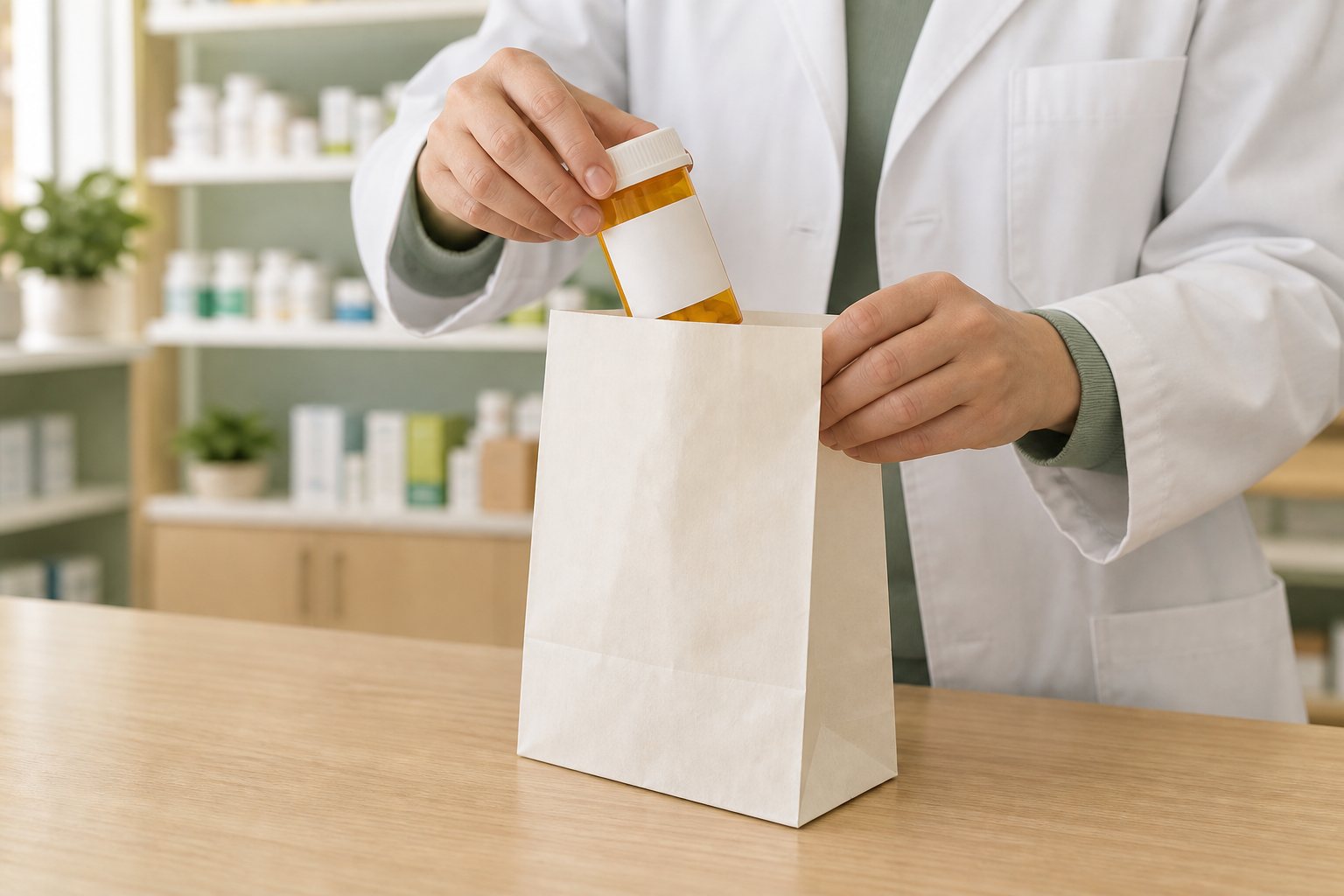 Illustration of a pharmacist placing a closed prescription bottle into an unbranded pharmacy delivery bag