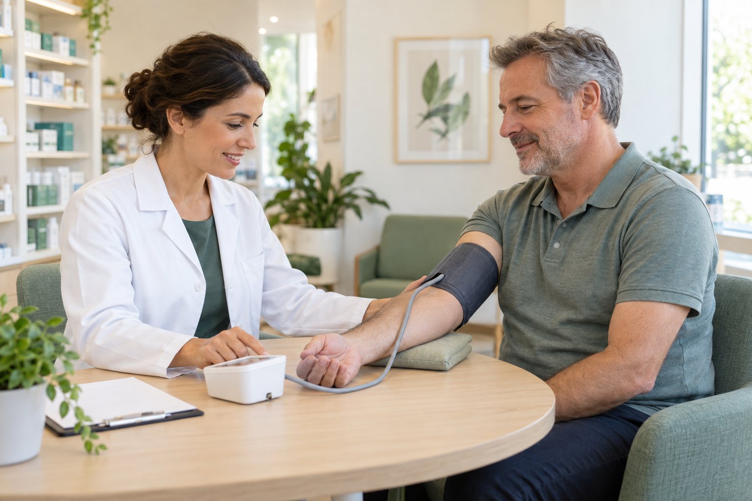Illustration of an adult receiving an upper-arm blood pressure check in a pharmacy consultation area
