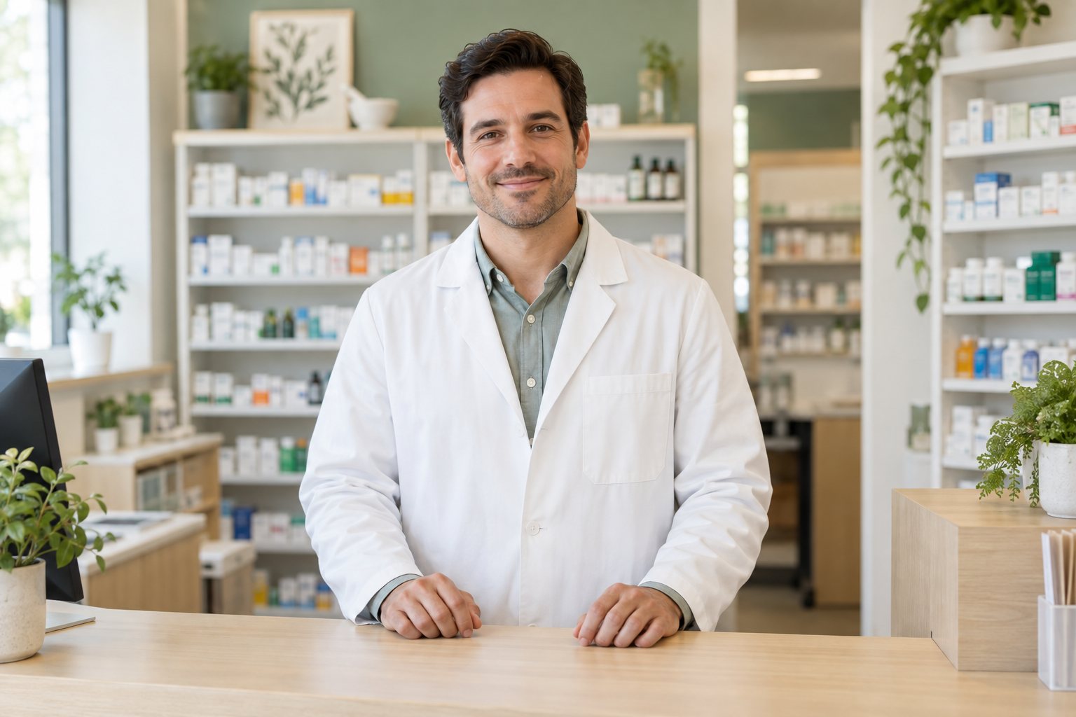 Illustration of a pharmacist helping a customer at a bright community pharmacy counter