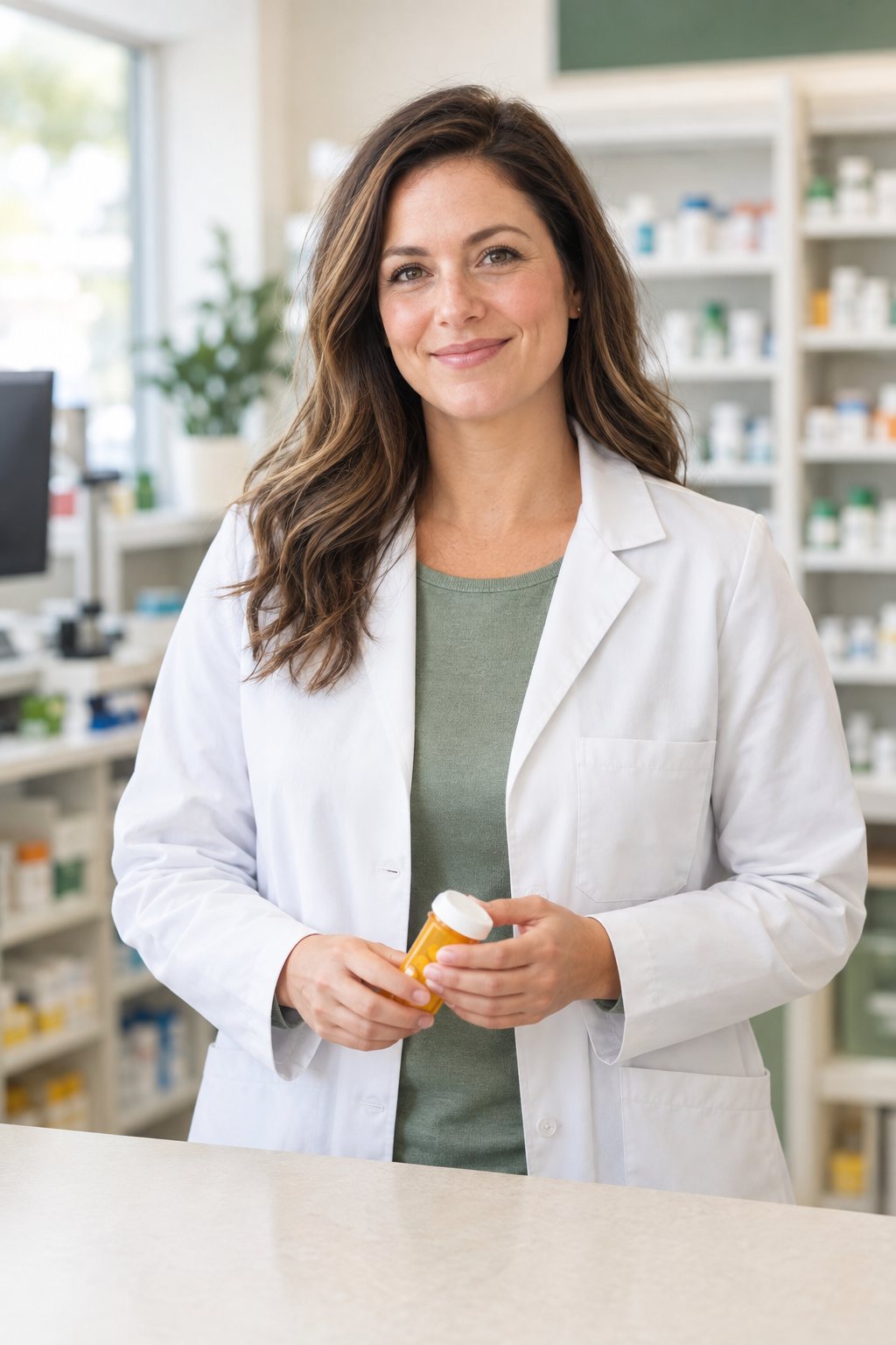 Illustration of a pharmacist holding a closed amber prescription bottle at a community pharmacy counter